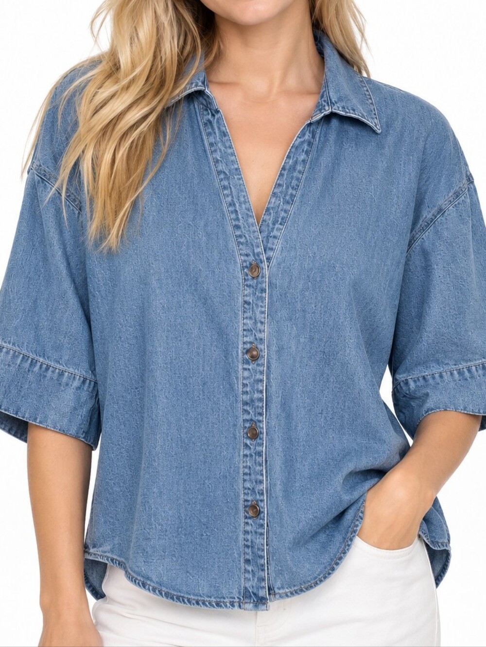 Current/Elliott 100% Cotton Mid-Blue Denim Short-Sleeve ButtonDown Shirt Sz  Med